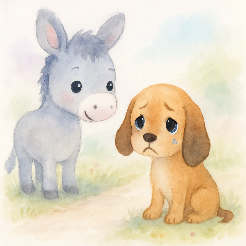 당나귀가 길가에서 우는 개를 만나 함께 가자고 제안하는 장면